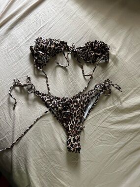 Leopard Print Tie-Side Bikini Set - Brown/Black